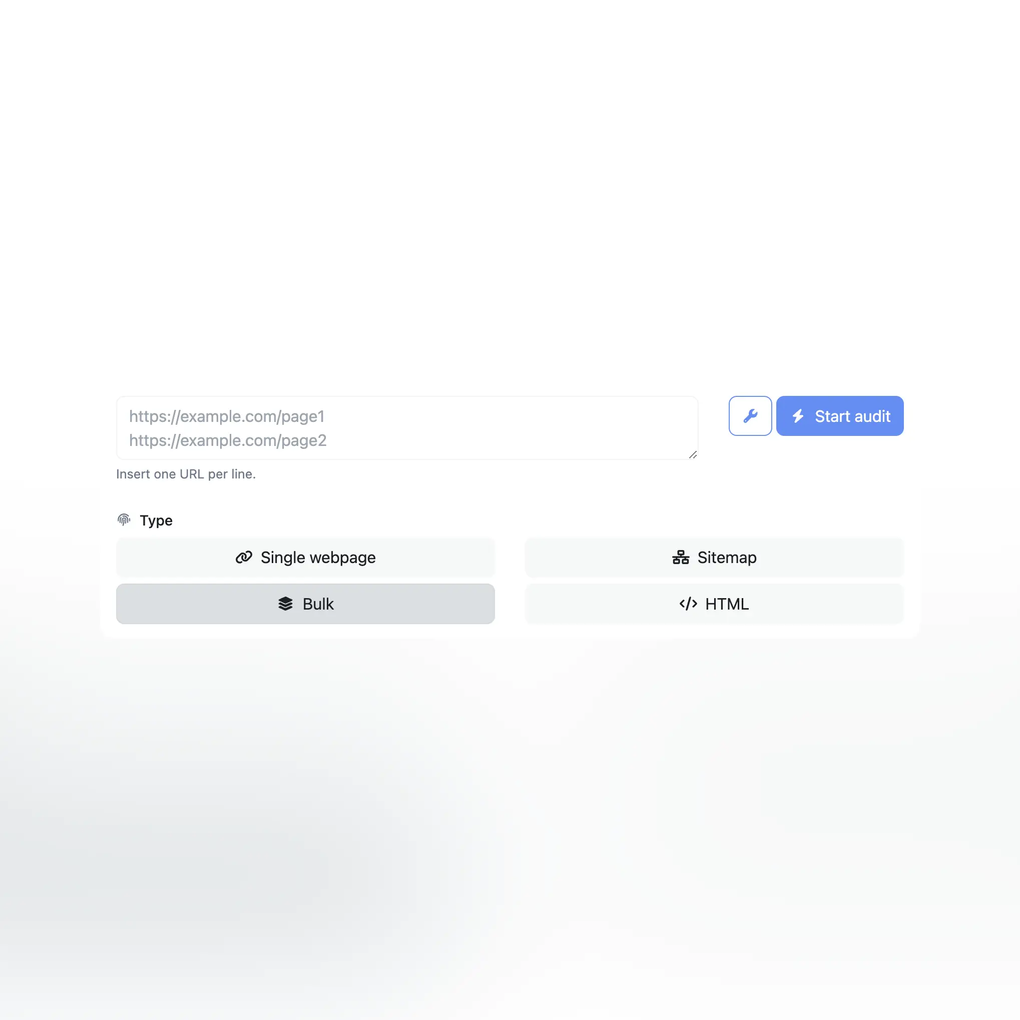 Форма SEO‑аудита с полем для ввода URL и кнопкой запуска