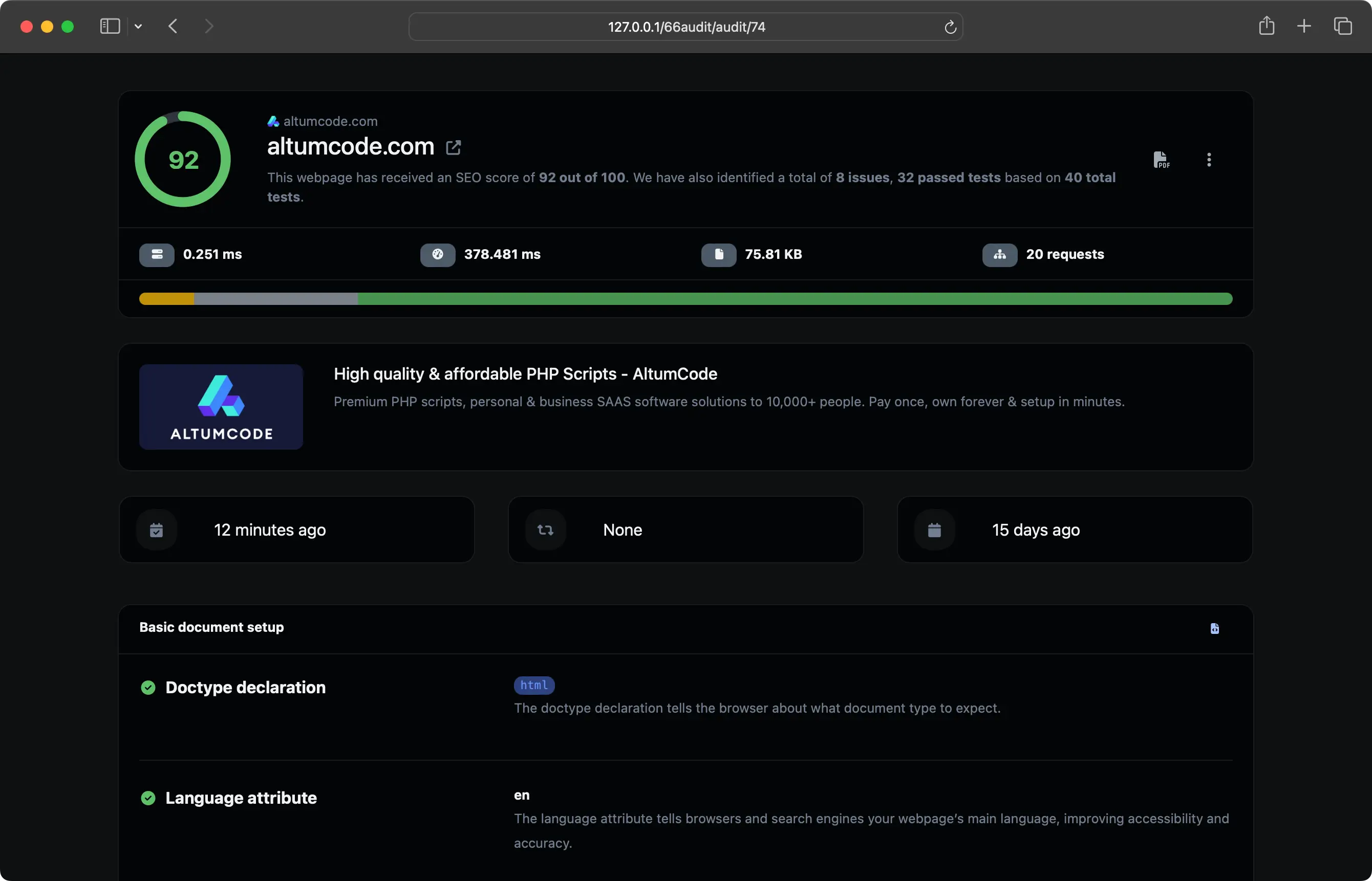 Скриншот панели управления с ключевыми SEO‑метриками и результатами аудита