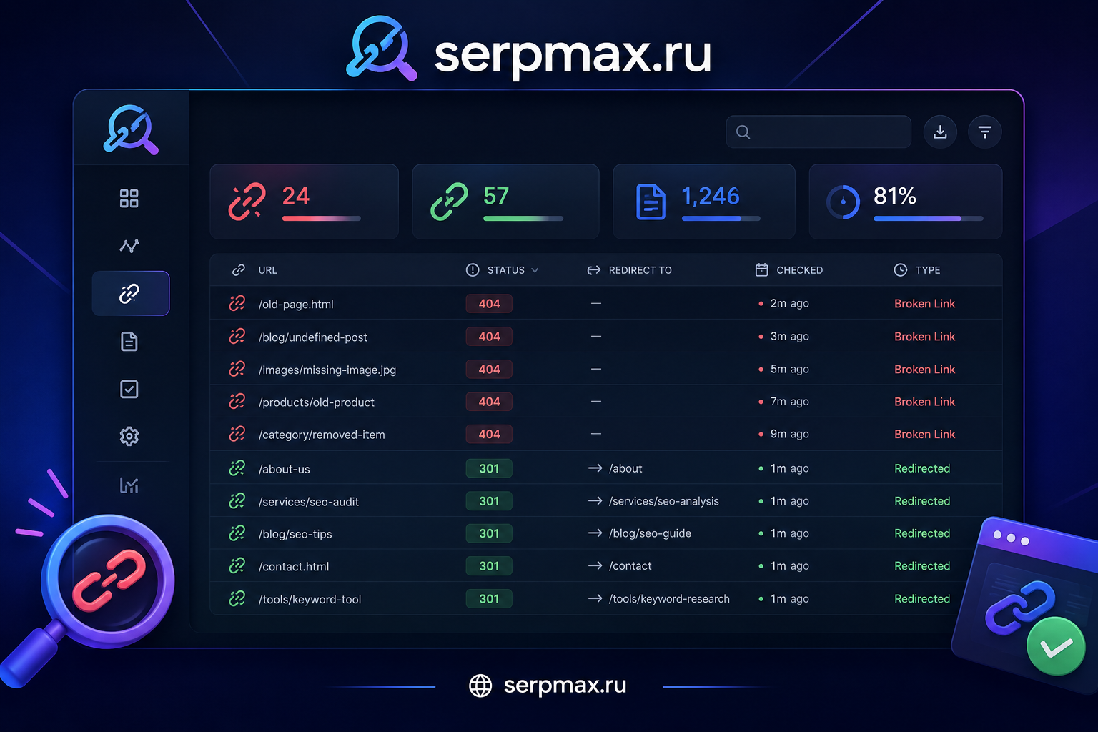 Интерфейс поиска битых ссылок: список URL с красными индикаторами 404 ошибок и зелёными исправленных редиректов