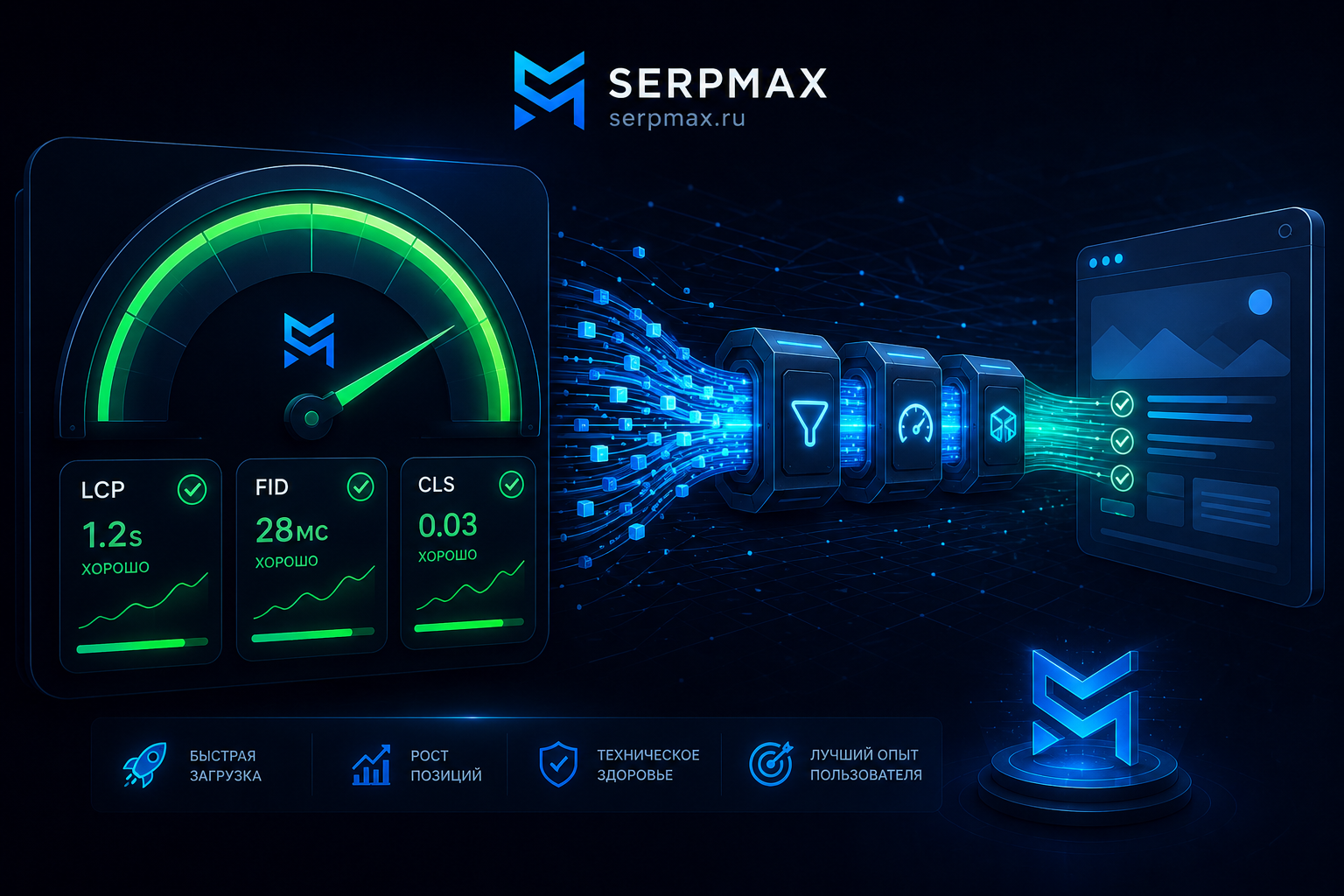 Спидометр скорости сайта с показателями Core Web Vitals в зеленой зоне и графиками производительности