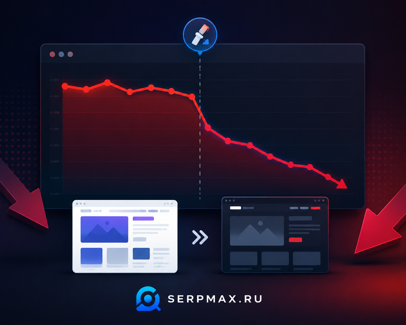 График падения трафика после редизайна сайта