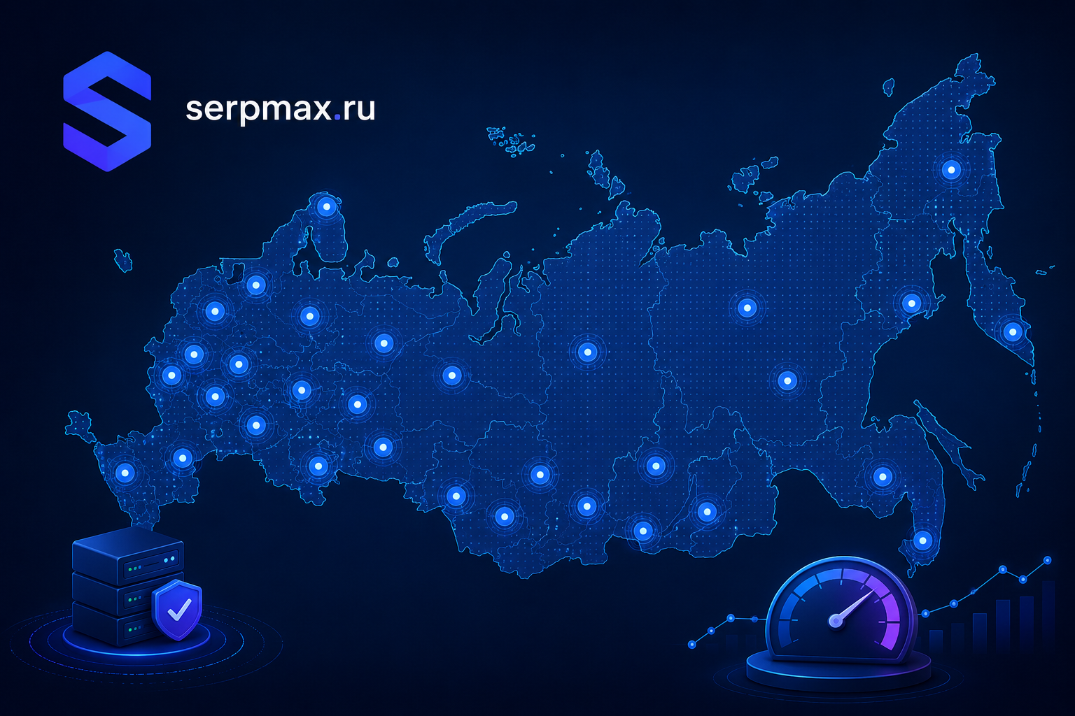 Карта России с точками мониторинга доступности сайта из разных городов