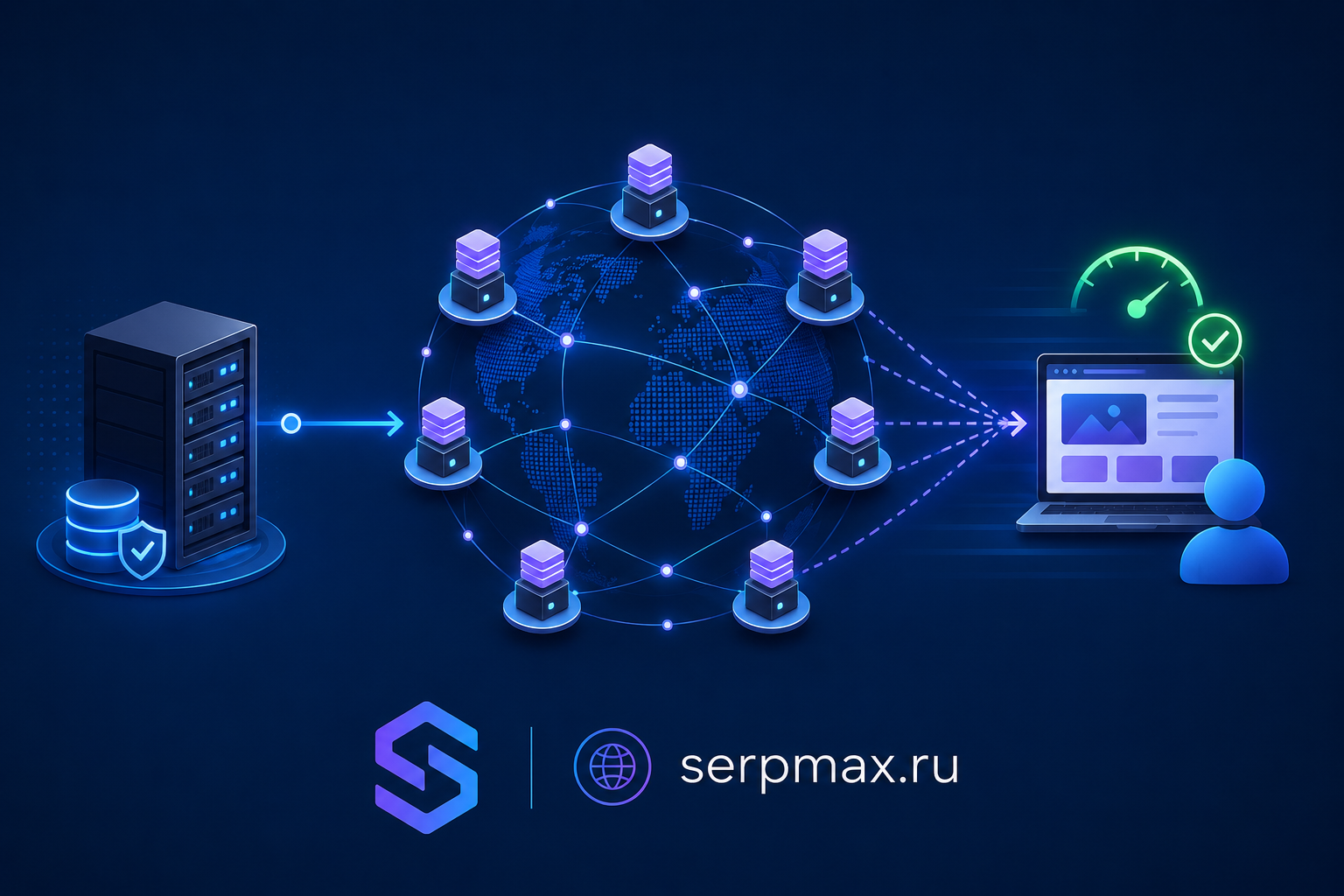 Схема работы CDN и кеширования: сервер, сеть доставки контента и быстрая загрузка у пользователя