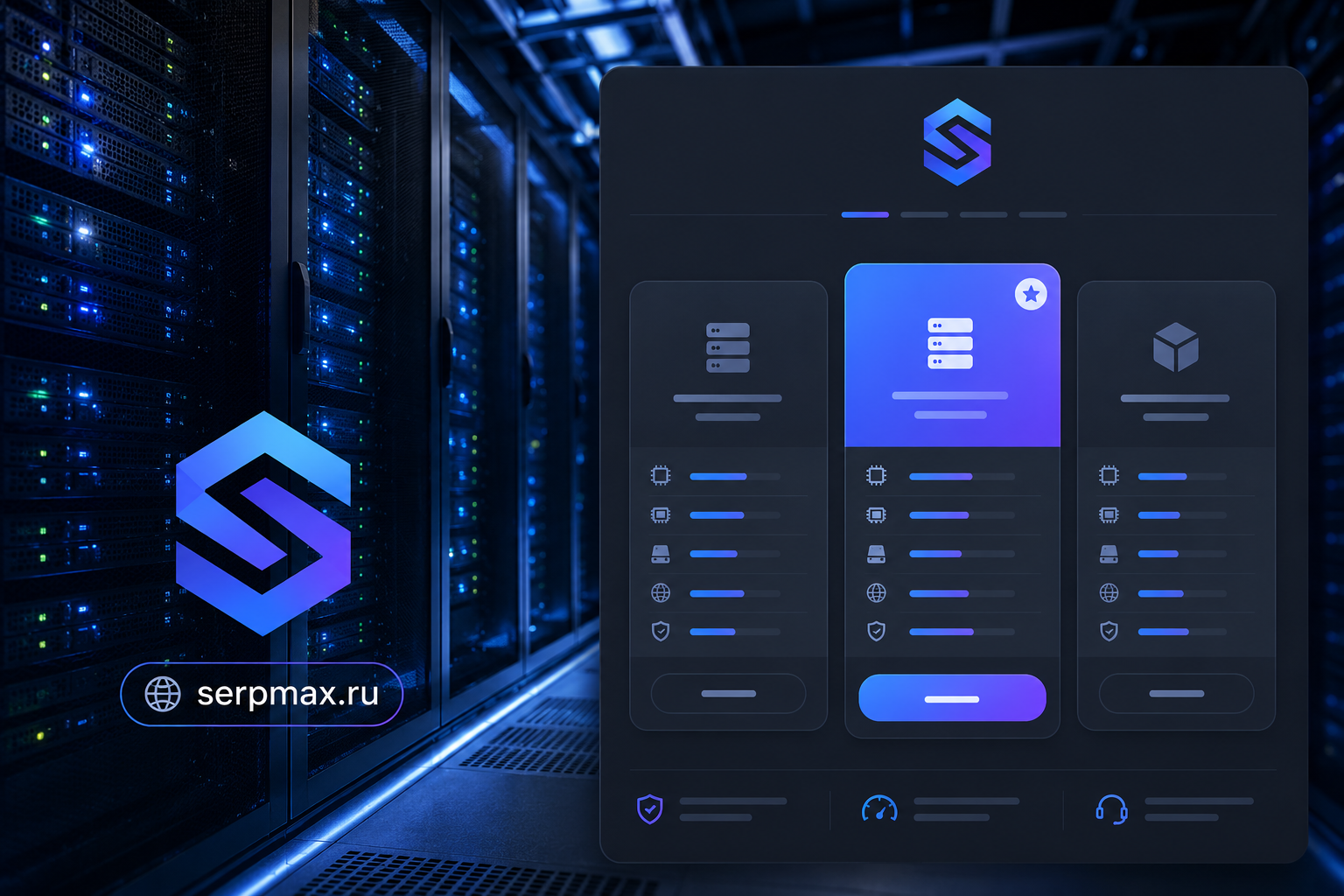 Стойка с серверами в дата-центре и интерфейс выбора хостинг-тарифа