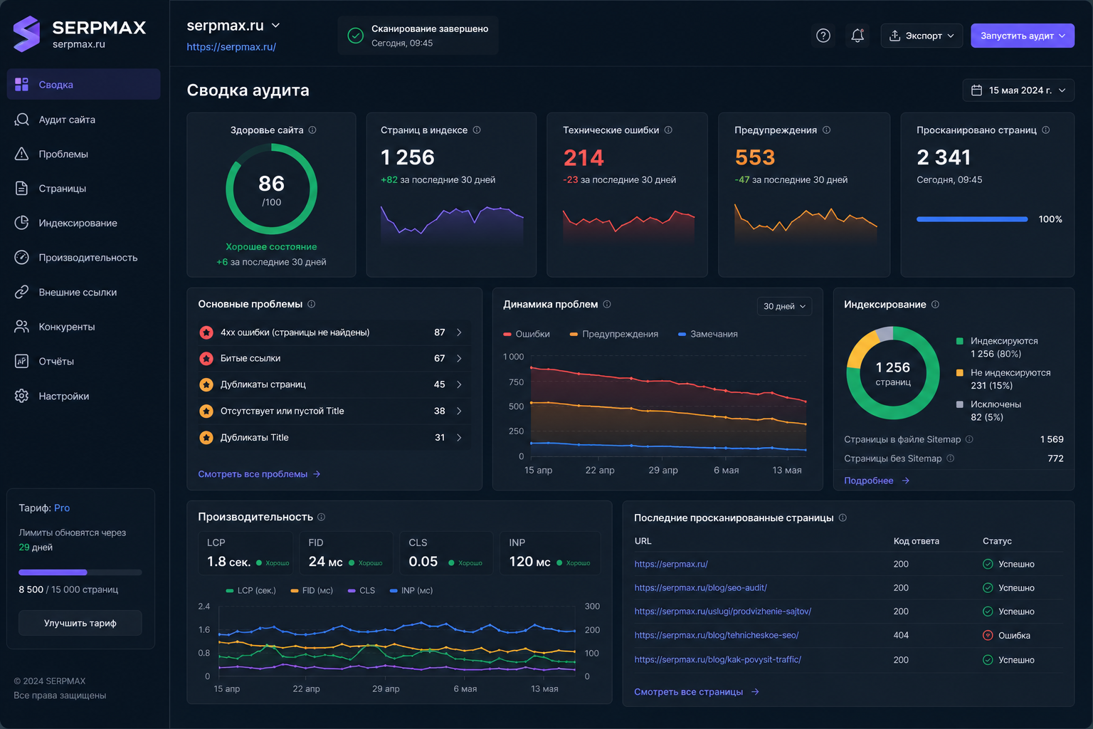 SEO audit dashboard showing detailed website analysis, performance metrics, indexing issues and technical SEO report interface