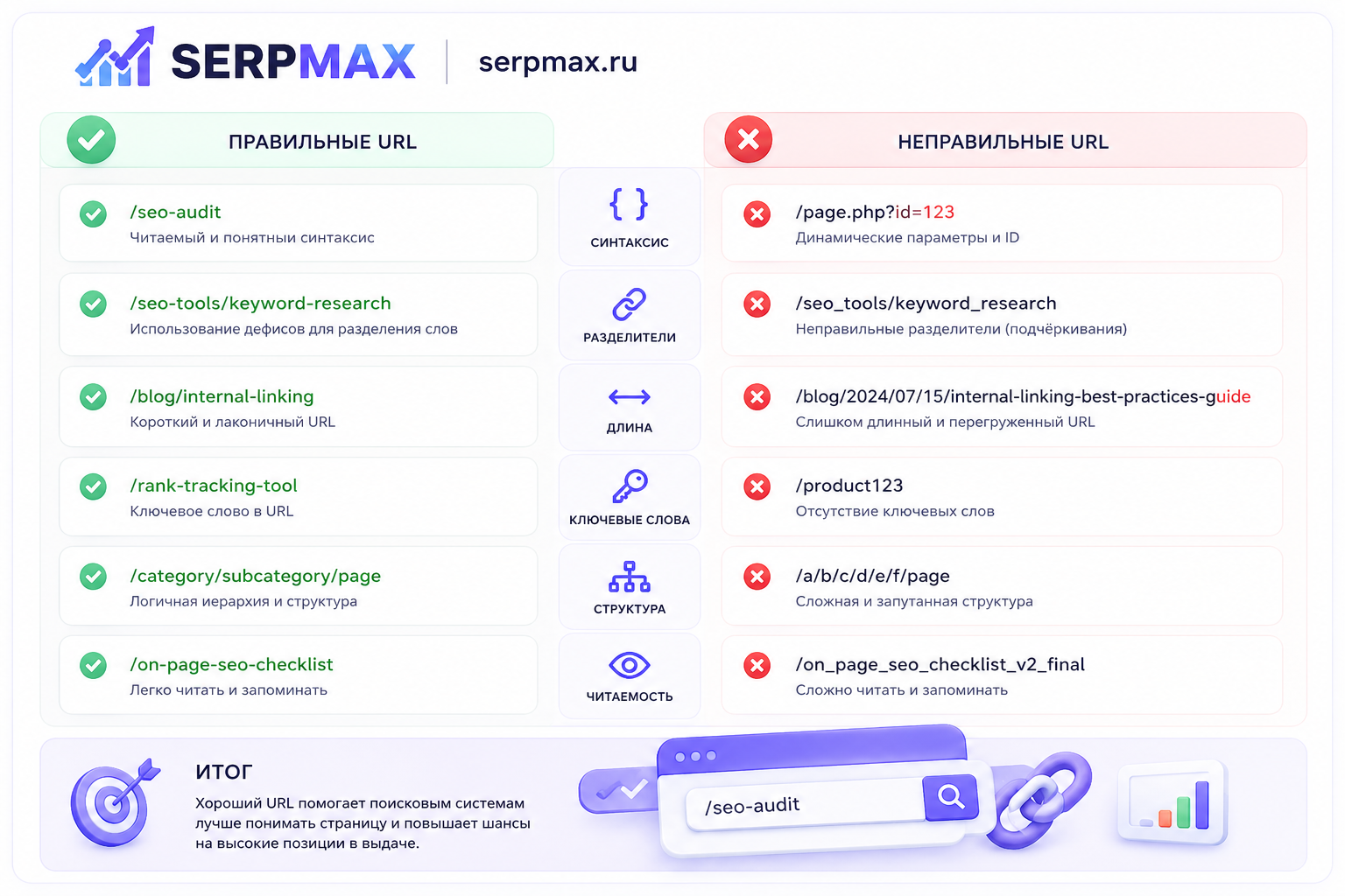 Сравнение правильных и неправильных URL для SEO: синтаксис, разделители, длина и использование ключевых слов