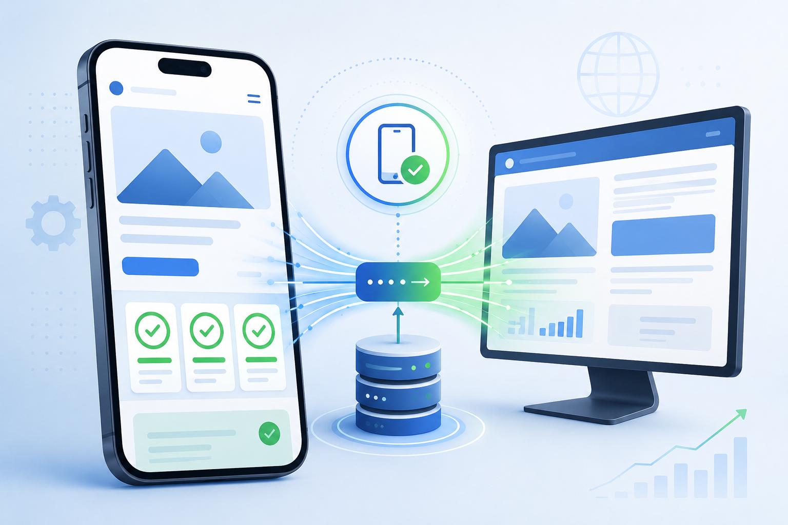 Смартфон и десктоп рядом с диаграммой сравнения метрик Core Web Vitals и лейблом Mobile-First Index
