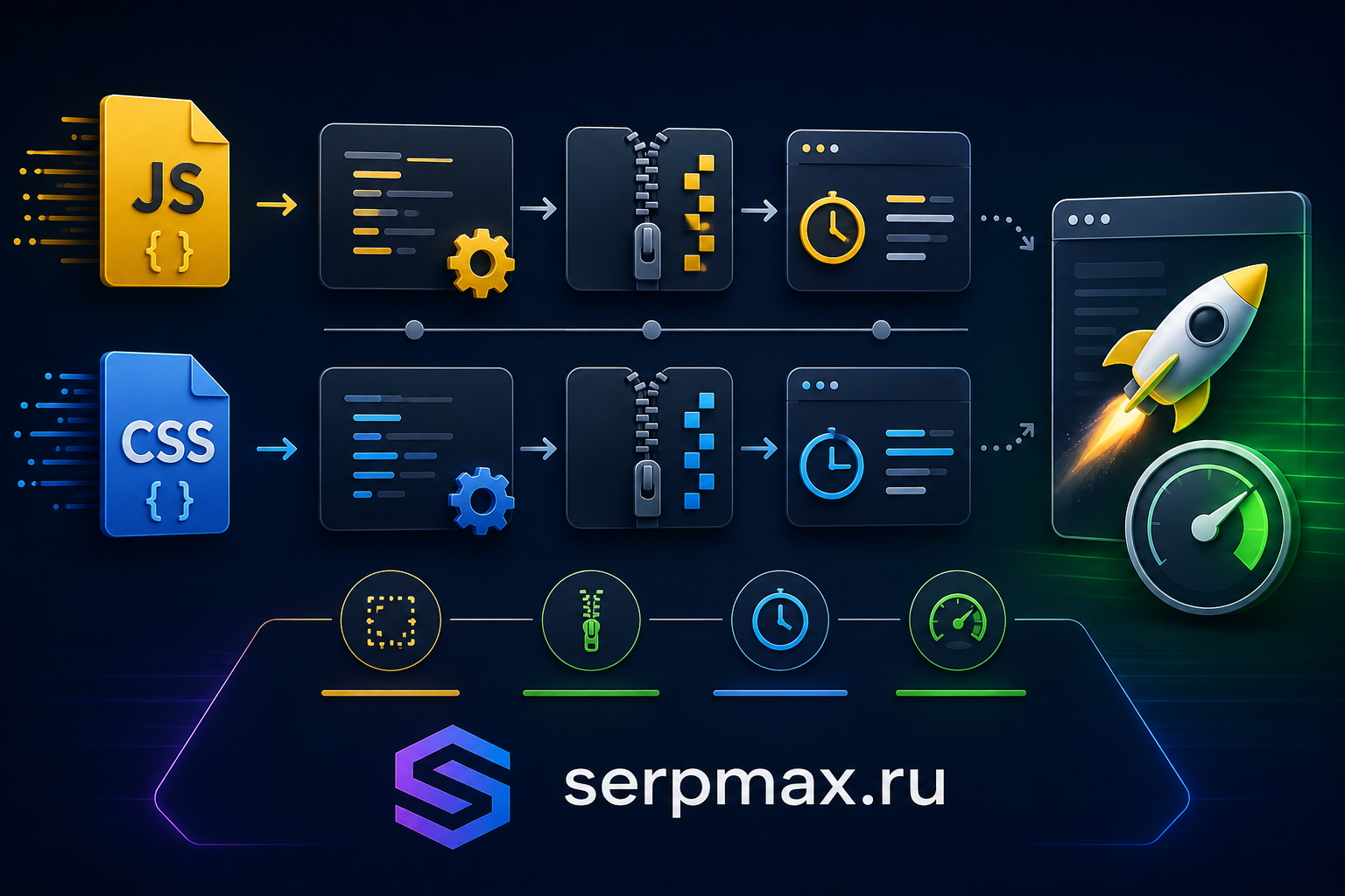 Диаграмма оптимизации JavaScript и CSS: минификация, сжатие и отложенная загрузка ускоряют сайт