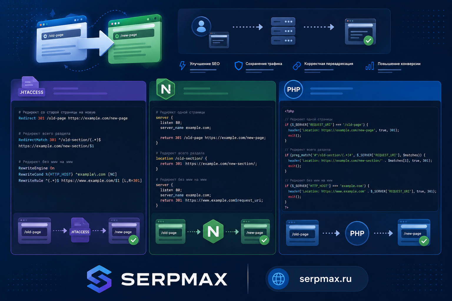 Схема настройки редиректов разными способами: .htaccess, nginx, PHP с примерами кода для каждого метода