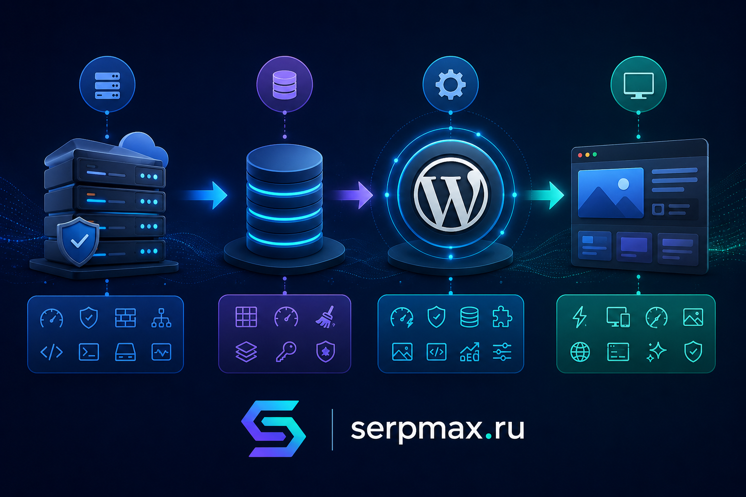 Схема расширенной оптимизации WordPress: серверный уровень, база данных, плагины и фронтенд