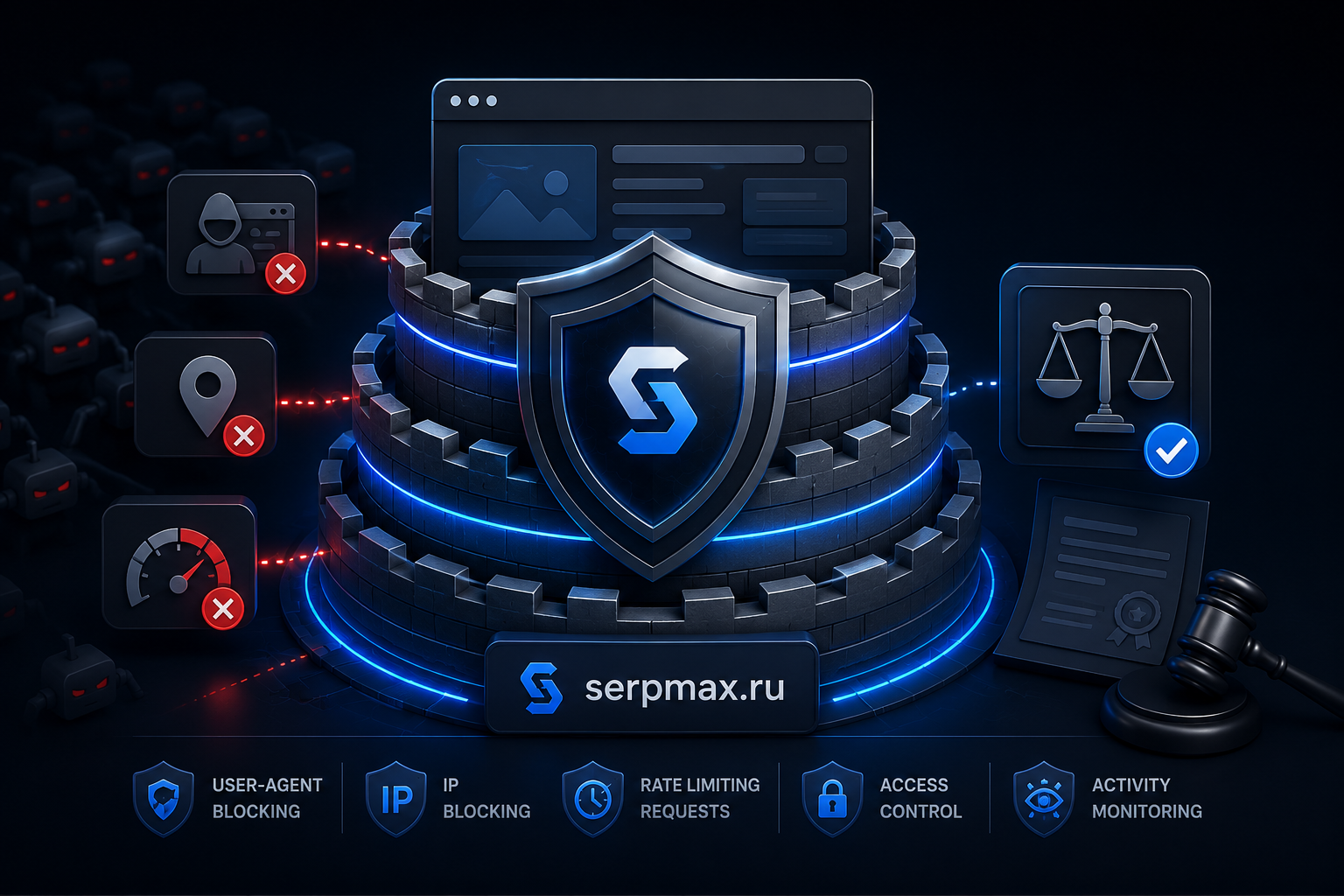 Многоуровневая защита сайта от парсинга: блокировка по User-Agent, IP, ограничение частоты запросов и юридические меры