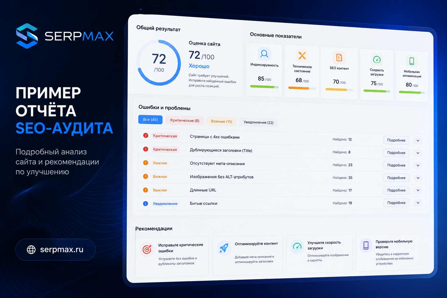 Пример отчёта SEO-аудита с перечнем ошибок